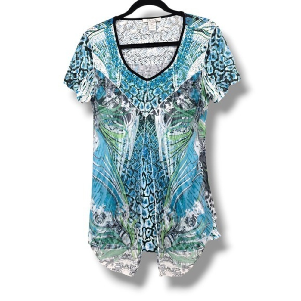 Elysee 26 Blouse Top Medium Blue Green Abstract Print‎ V Neck Short Sleeve